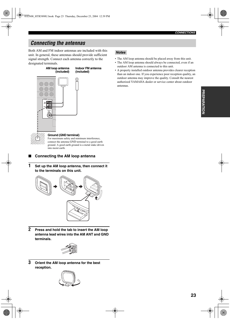 Connecting the antennas, Connecting the am loop antenna, Orient the am loop antenna for the best reception | Yamaha htr-5890 User Manual | Page 27 / 104