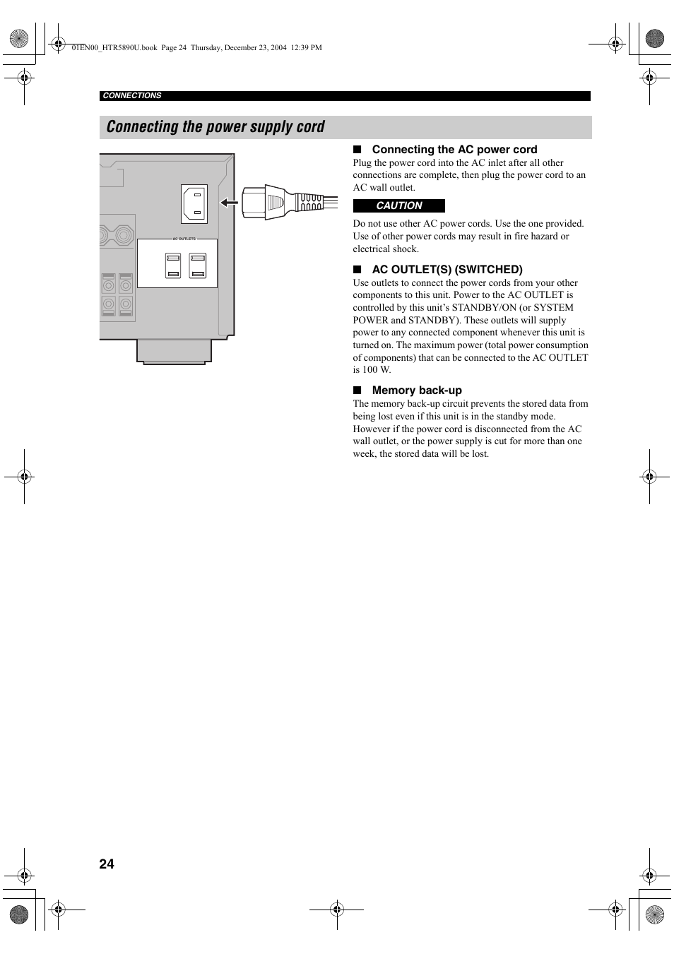 Connecting the power supply cord | Yamaha htr-5890 User Manual | Page 28 / 104