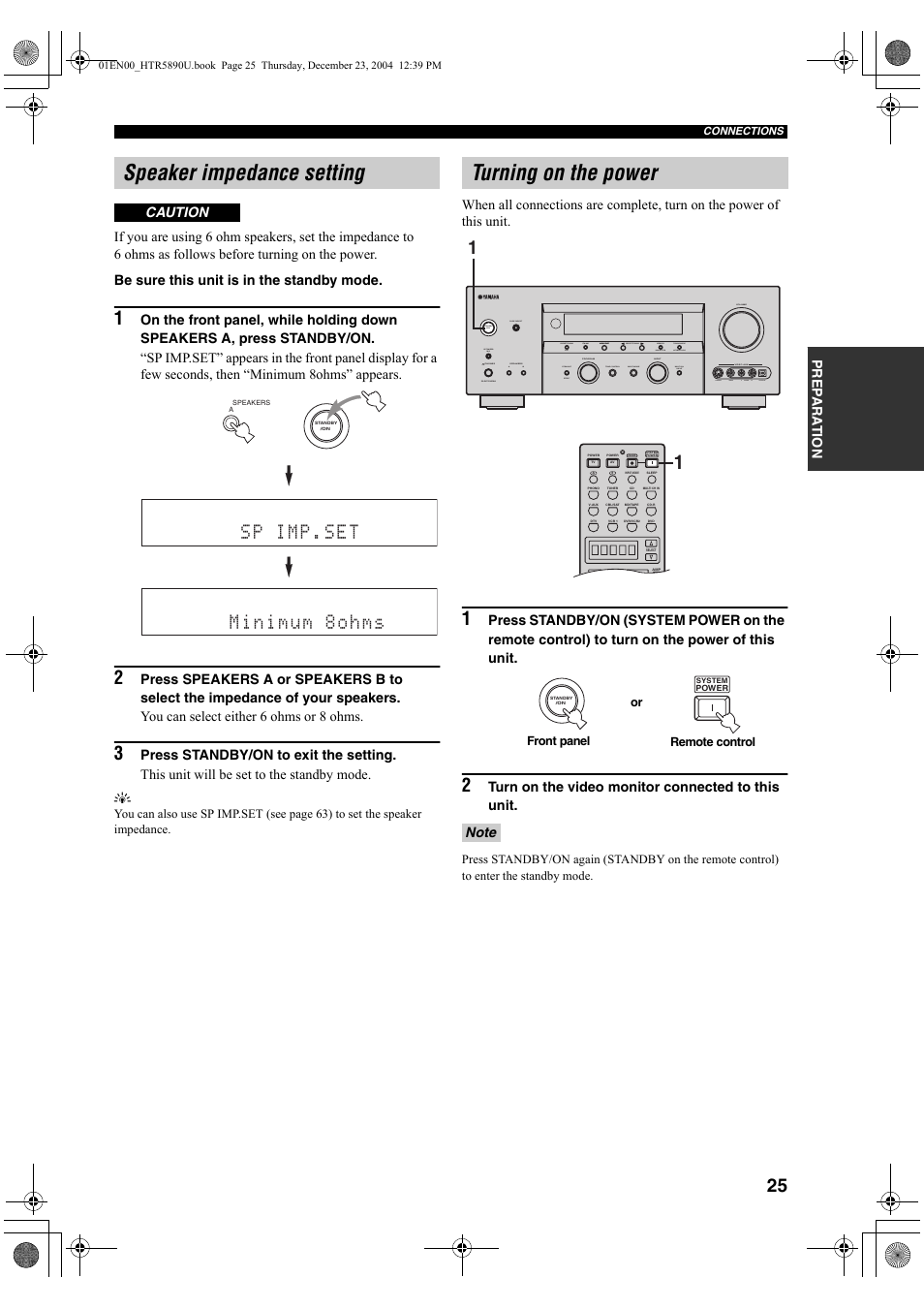 Speaker impedance setting, Turning on the power, Sp imp.set minimum 8ohms | Yamaha htr-5890 User Manual | Page 29 / 104