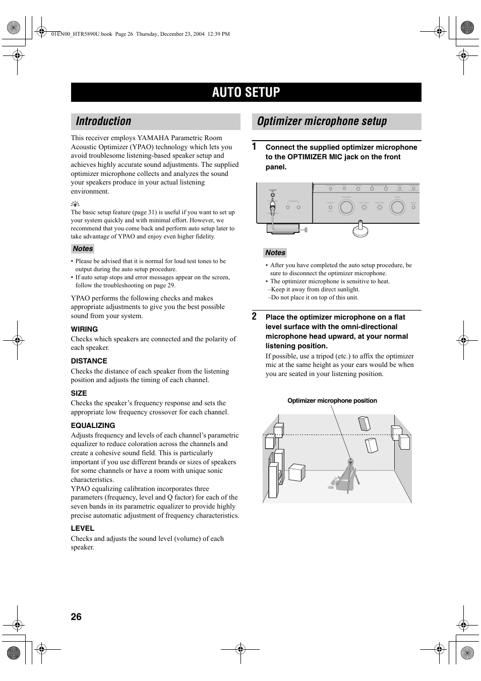 Auto setup, Introduction, Optimizer microphone setup | Yamaha htr-5890 User Manual | Page 30 / 104