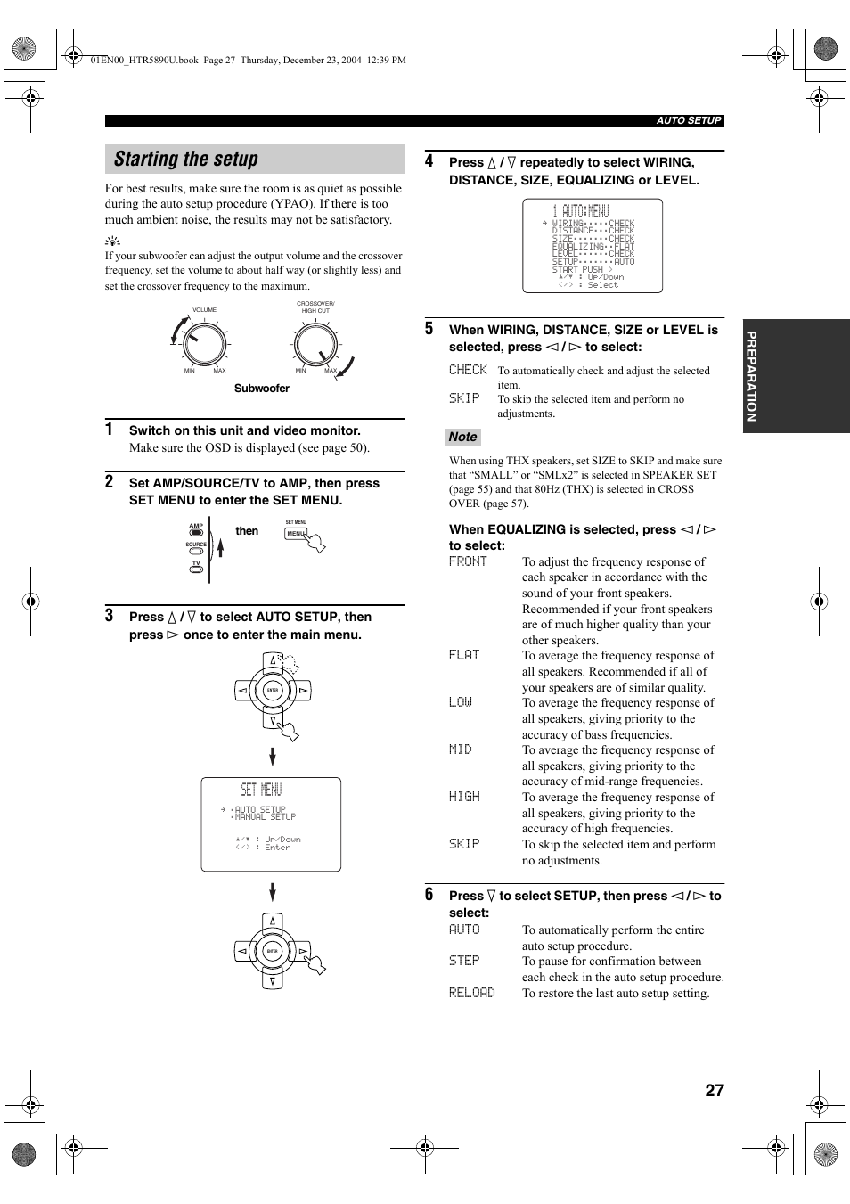 Starting the setup, Set menu, 1 auto:menu | Yamaha htr-5890 User Manual | Page 31 / 104