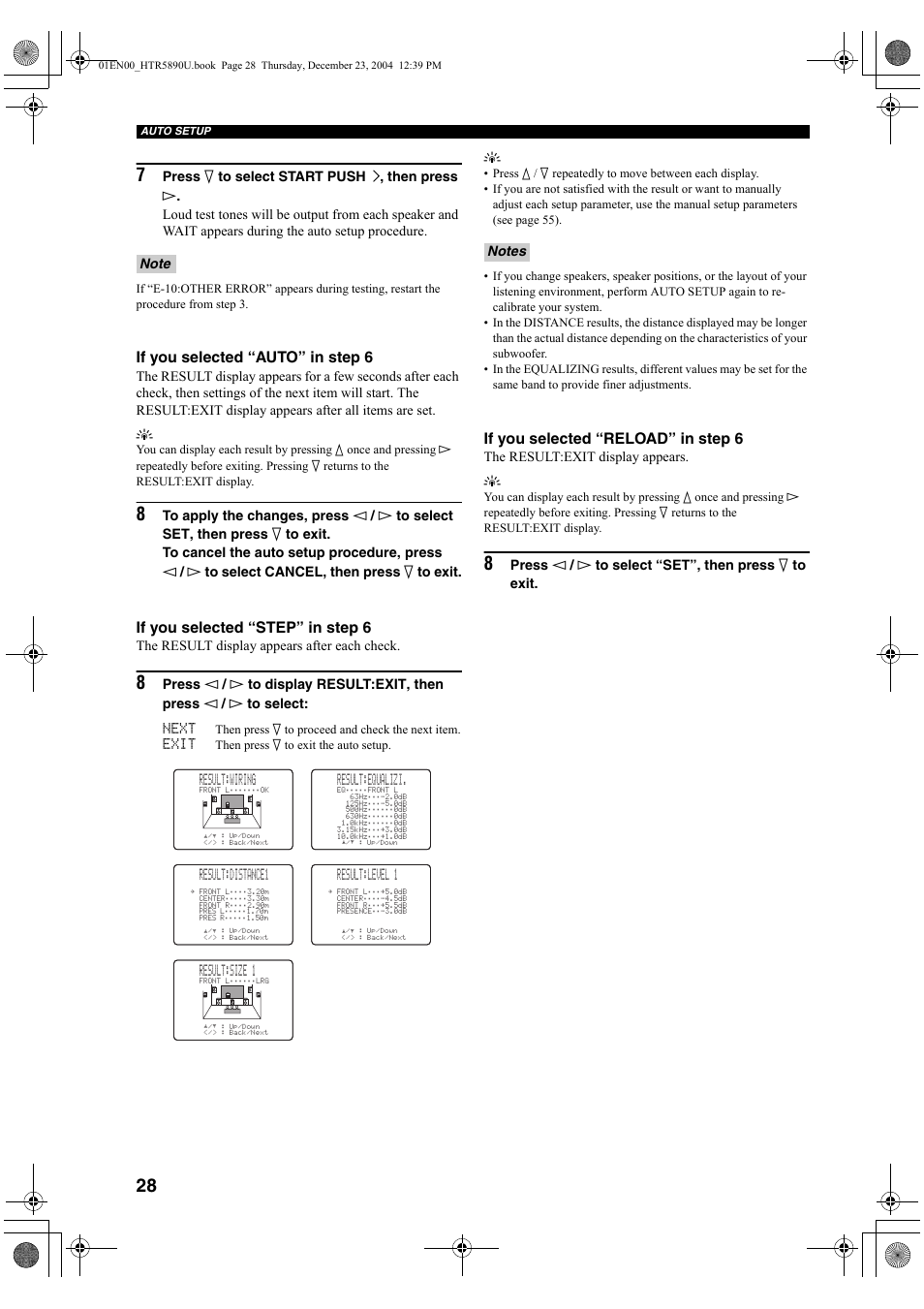 If you selected “auto” in step 6, If you selected “step” in step 6, If you selected “reload” in step 6 | Result:wiring, Result:equalizi, Result:distance1, Result:level 1, Result:size 1 | Yamaha htr-5890 User Manual | Page 32 / 104