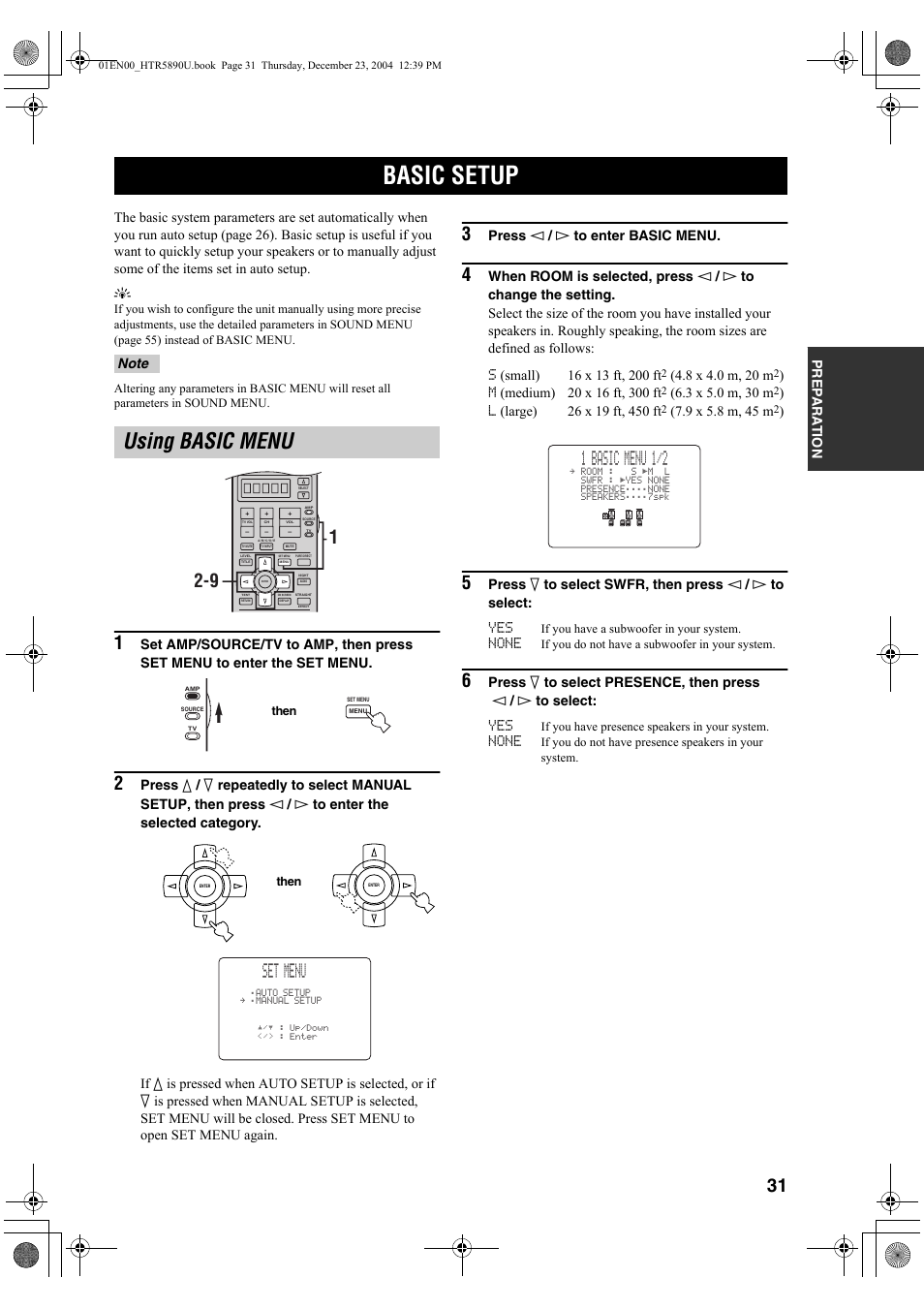 Basic setup, Using basic menu, Set menu | 1 basic menu 1/2 | Yamaha htr-5890 User Manual | Page 35 / 104