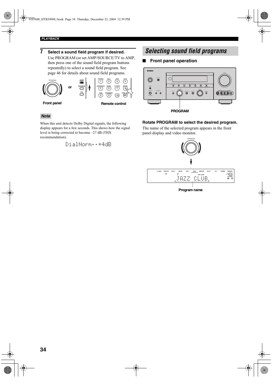 Selecting sound field programs, Dialnorm;;+4db, Jazz club | Front panel operation | Yamaha htr-5890 User Manual | Page 38 / 104