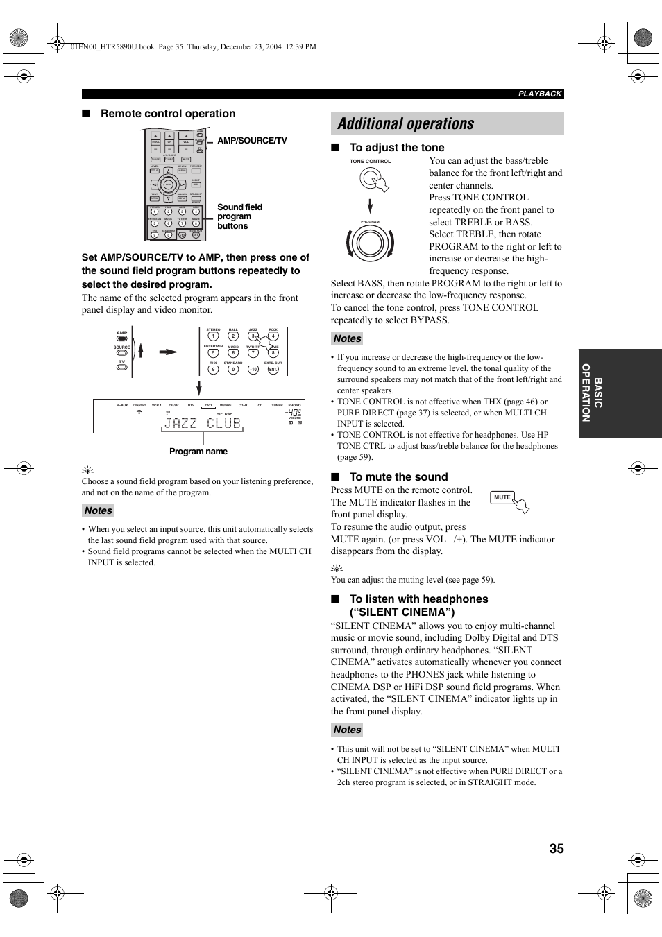 Additional operations, Jazz club, Remote control operation | Ba s ic opera t ion, You can adjust the muting level (see page 59), Sound field program buttons amp/source/tv, Program name, Playback | Yamaha htr-5890 User Manual | Page 39 / 104