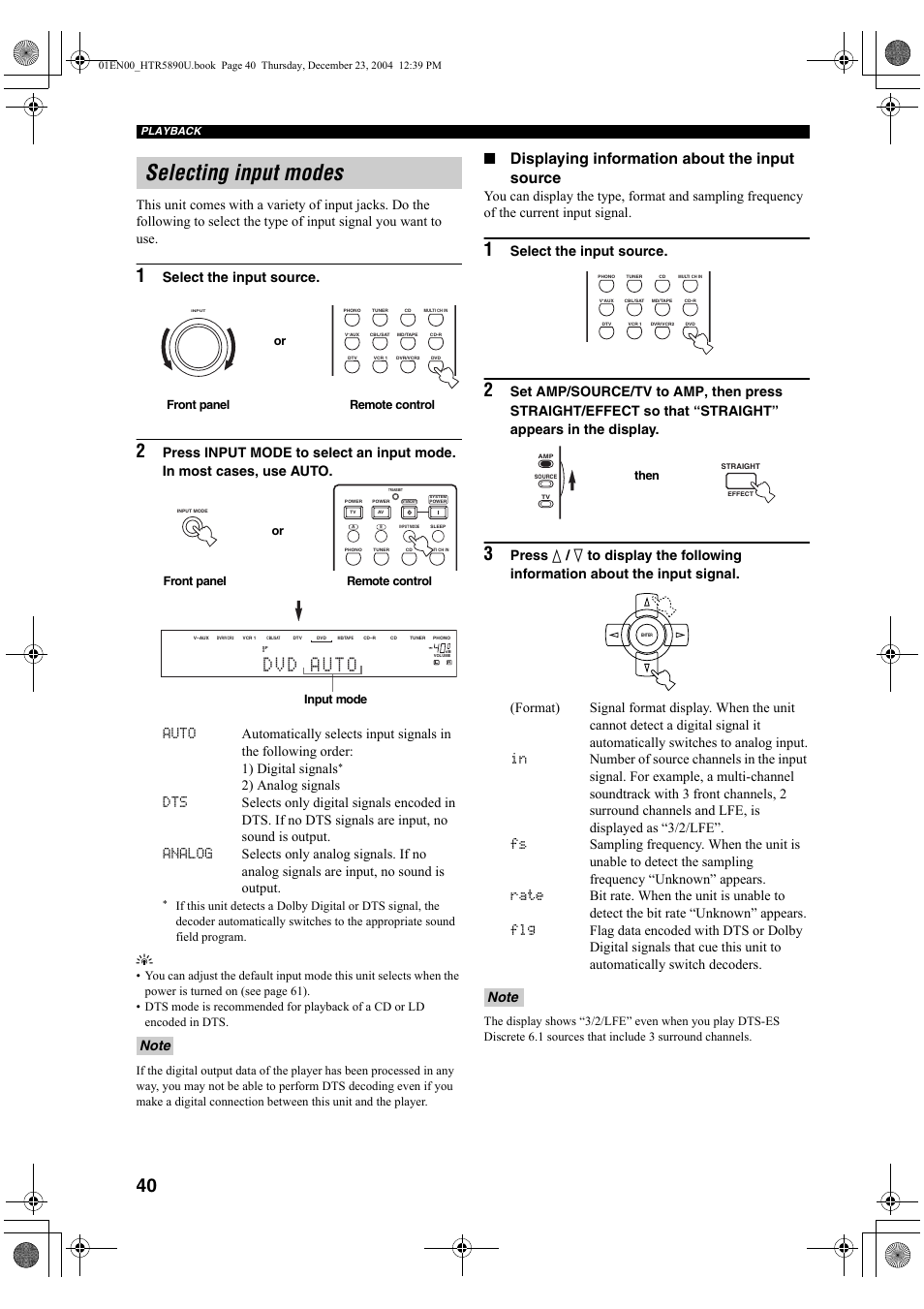 Selecting input modes, Dvd auto, Displaying information about the input source | Select the input source | Yamaha htr-5890 User Manual | Page 44 / 104