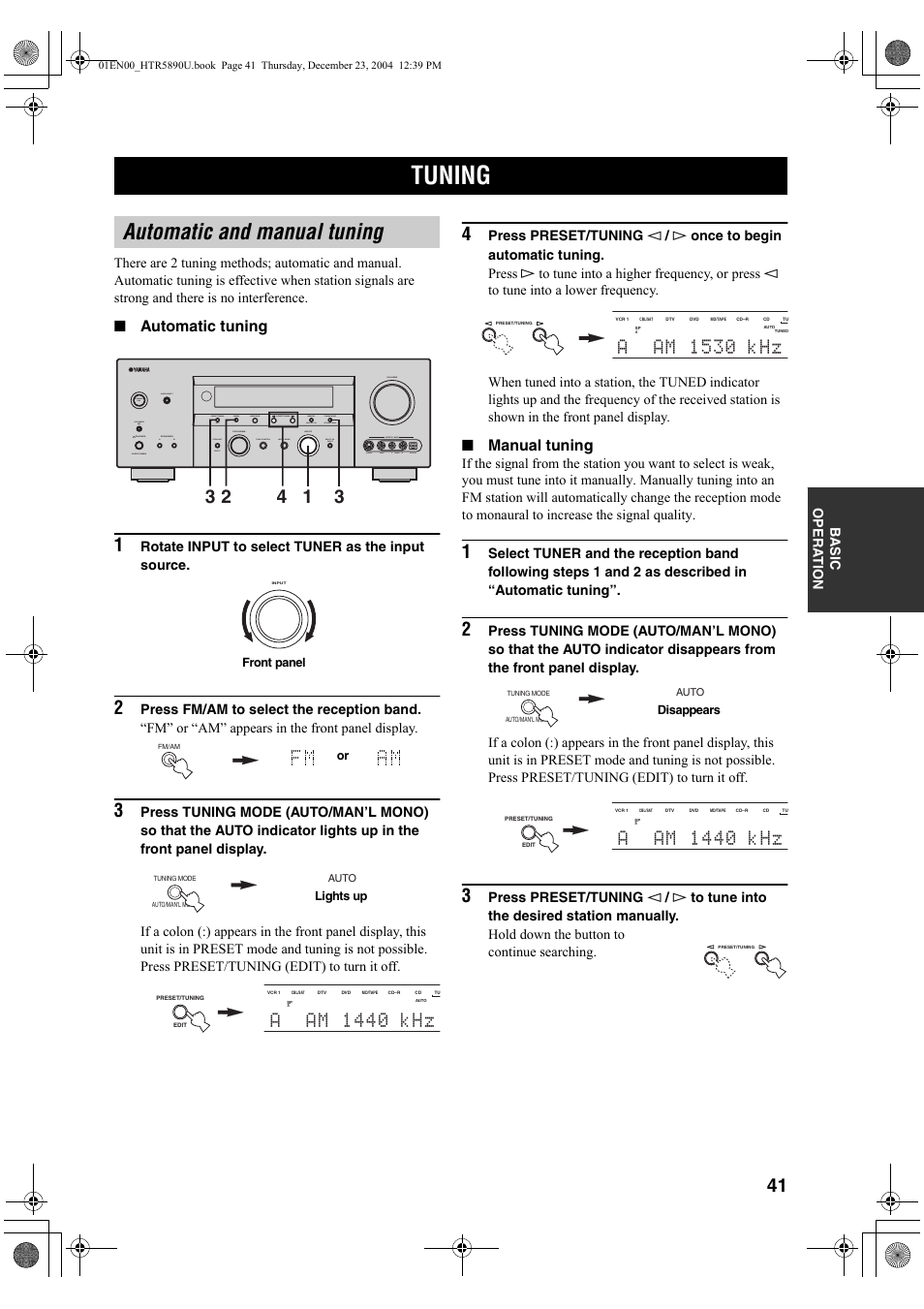 Tuning, Automatic and manual tuning, A~~ am ~ 1440 khz | A~~ am ~ 1530 khz, Automatic tuning, Manual tuning | Yamaha htr-5890 User Manual | Page 45 / 104