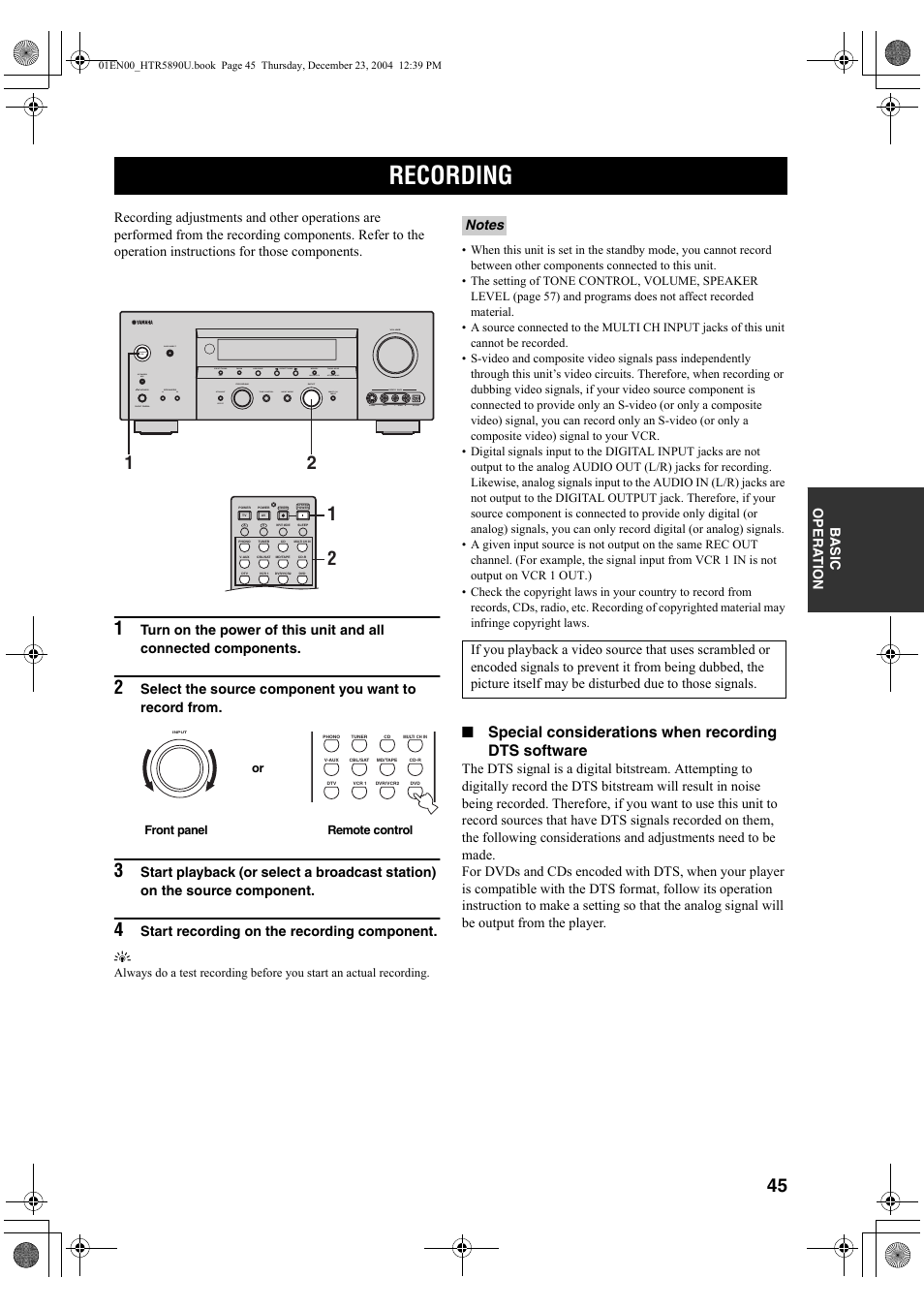 Recording, Special considerations when recording dts software | Yamaha htr-5890 User Manual | Page 49 / 104