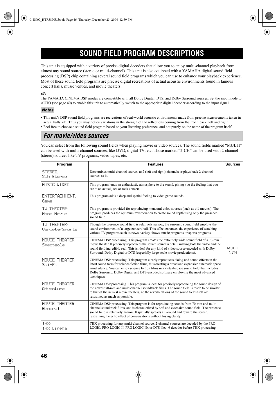 Sound field program descriptions, For movie/video sources | Yamaha htr-5890 User Manual | Page 50 / 104