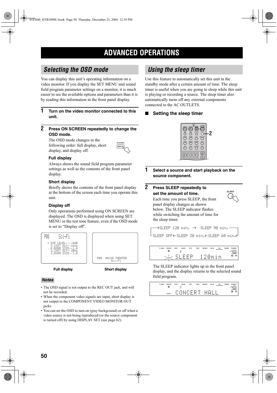Advanced operations, Selecting the osd mode, Using the sleep timer | P08 sci-fi, Setting the sleep timer, Turn on the video monitor connected to this unit, Full display short display | Yamaha htr-5890 User Manual | Page 54 / 104
