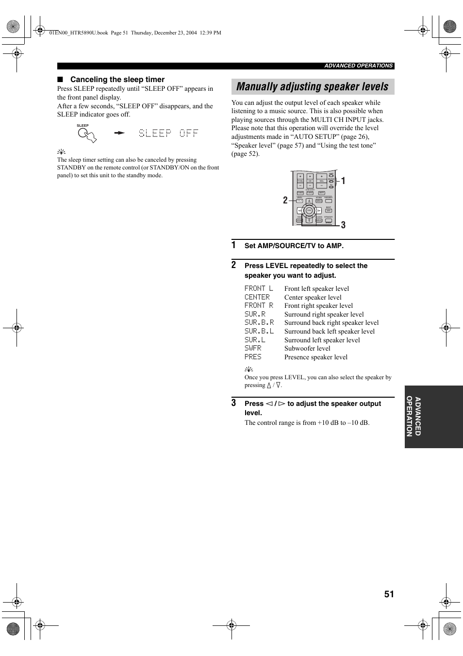 Manually adjusting speaker levels, Canceling the sleep timer, Ad v anced opera t ion | Set amp/source/tv to amp | Yamaha htr-5890 User Manual | Page 55 / 104