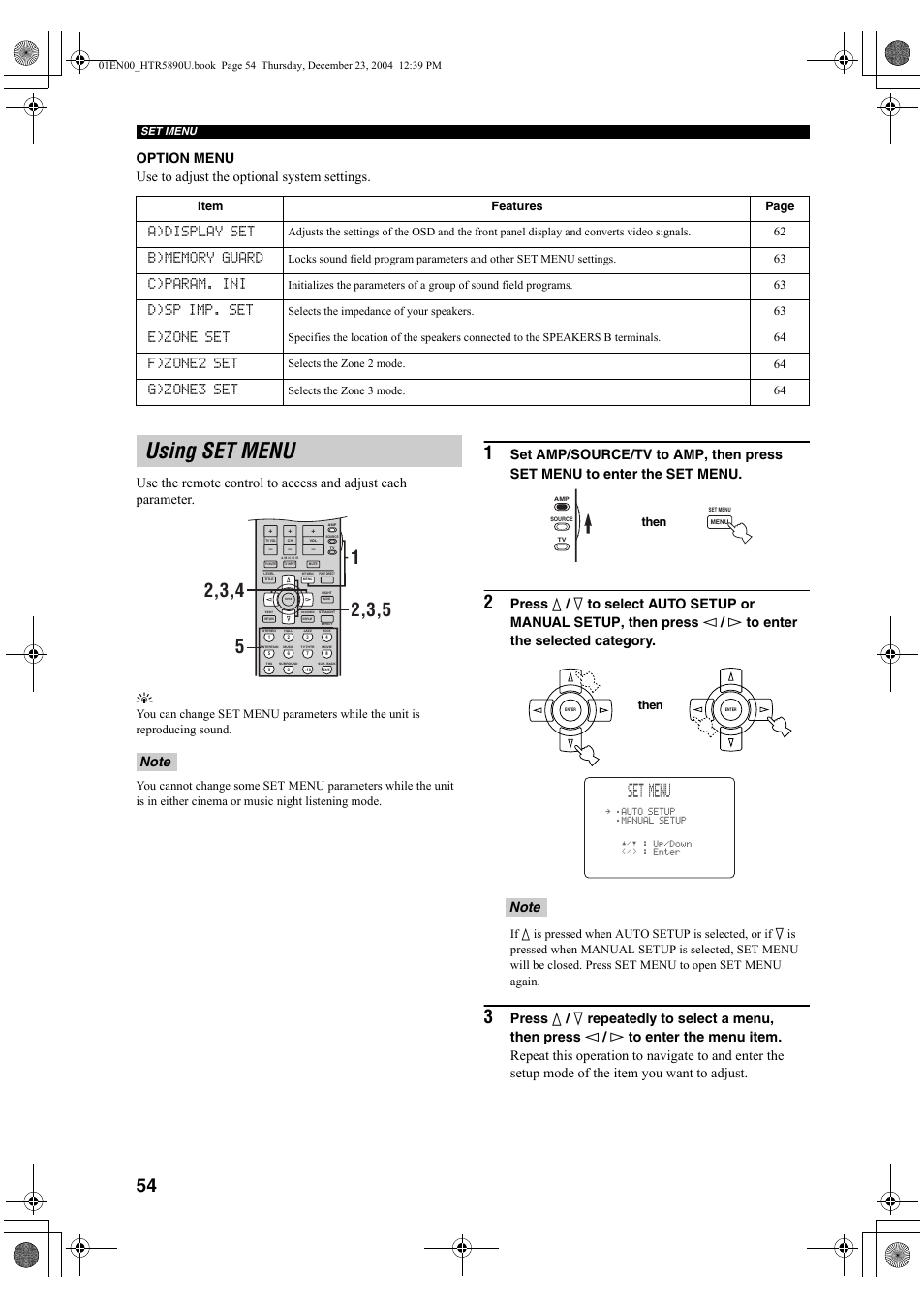 Using set menu, Set menu, A)display set | C)param. ini, D)sp imp. set, E)zone set, F)zone2 set, G)zone3 set | Yamaha htr-5890 User Manual | Page 58 / 104