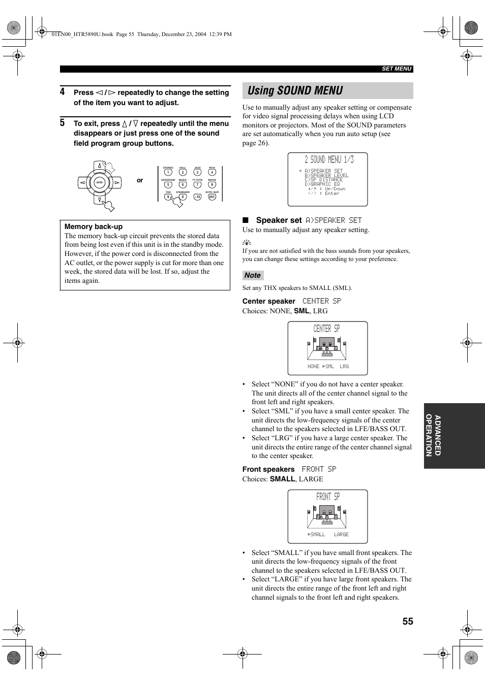 Using sound menu, 2 sound menu 1/3, Center sp | Front sp, Speaker set | Yamaha htr-5890 User Manual | Page 59 / 104