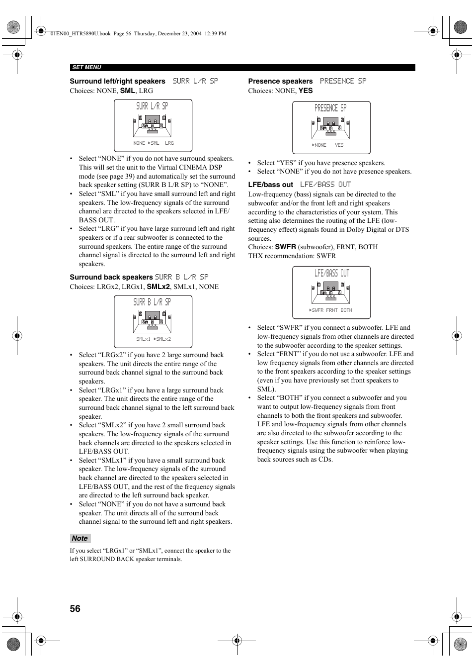 Surr l/r sp, Surr b l/r sp, Presence sp | Lfe/bass out | Yamaha htr-5890 User Manual | Page 60 / 104