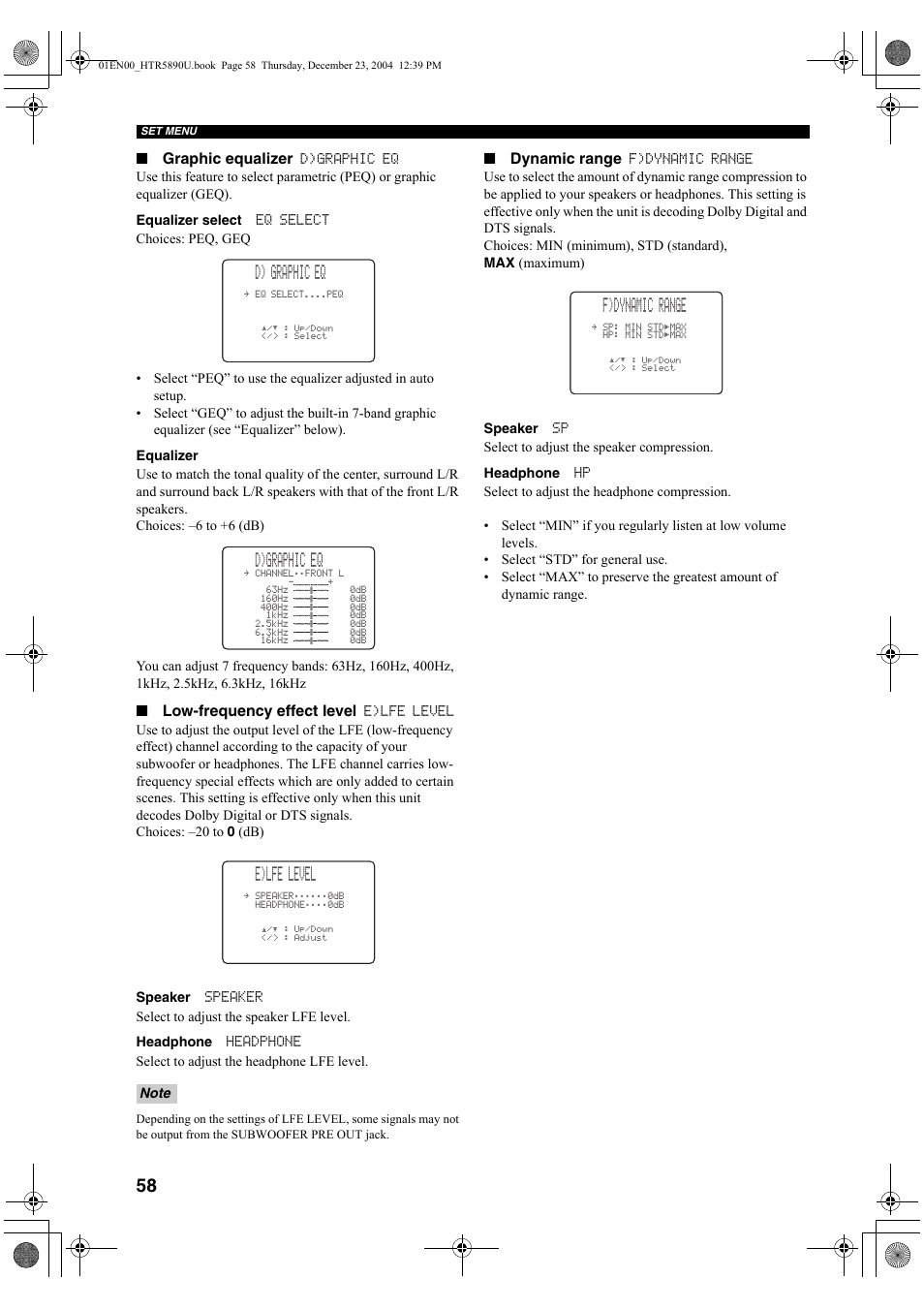 D) graphic eq, D)graphic eq, E)lfe level | F)dynamic range, Graphic equalizer, Low-frequency effect level, Dynamic range | Yamaha htr-5890 User Manual | Page 62 / 104