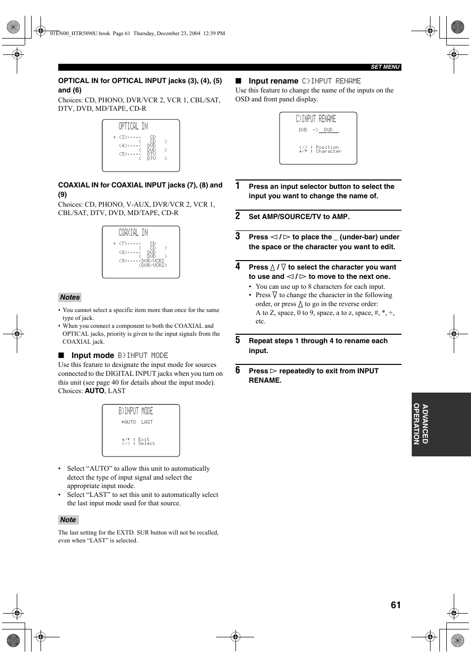 Optical in, Coaxial in, B)input mode | C)input rename, Input mode, Input rename | Yamaha htr-5890 User Manual | Page 65 / 104