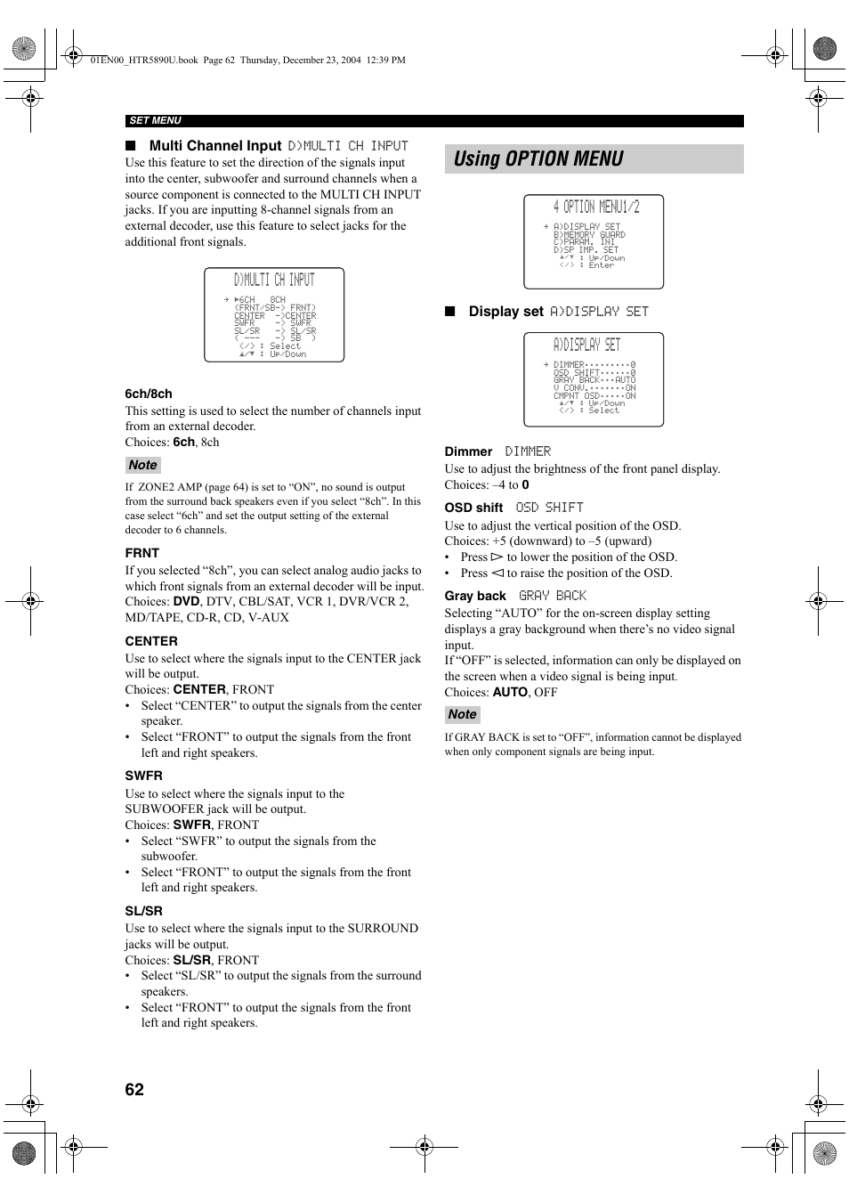 Using option menu, D)multi ch input, 4 option menu1/2 | A)display set, Multi channel input, Display set | Yamaha htr-5890 User Manual | Page 66 / 104
