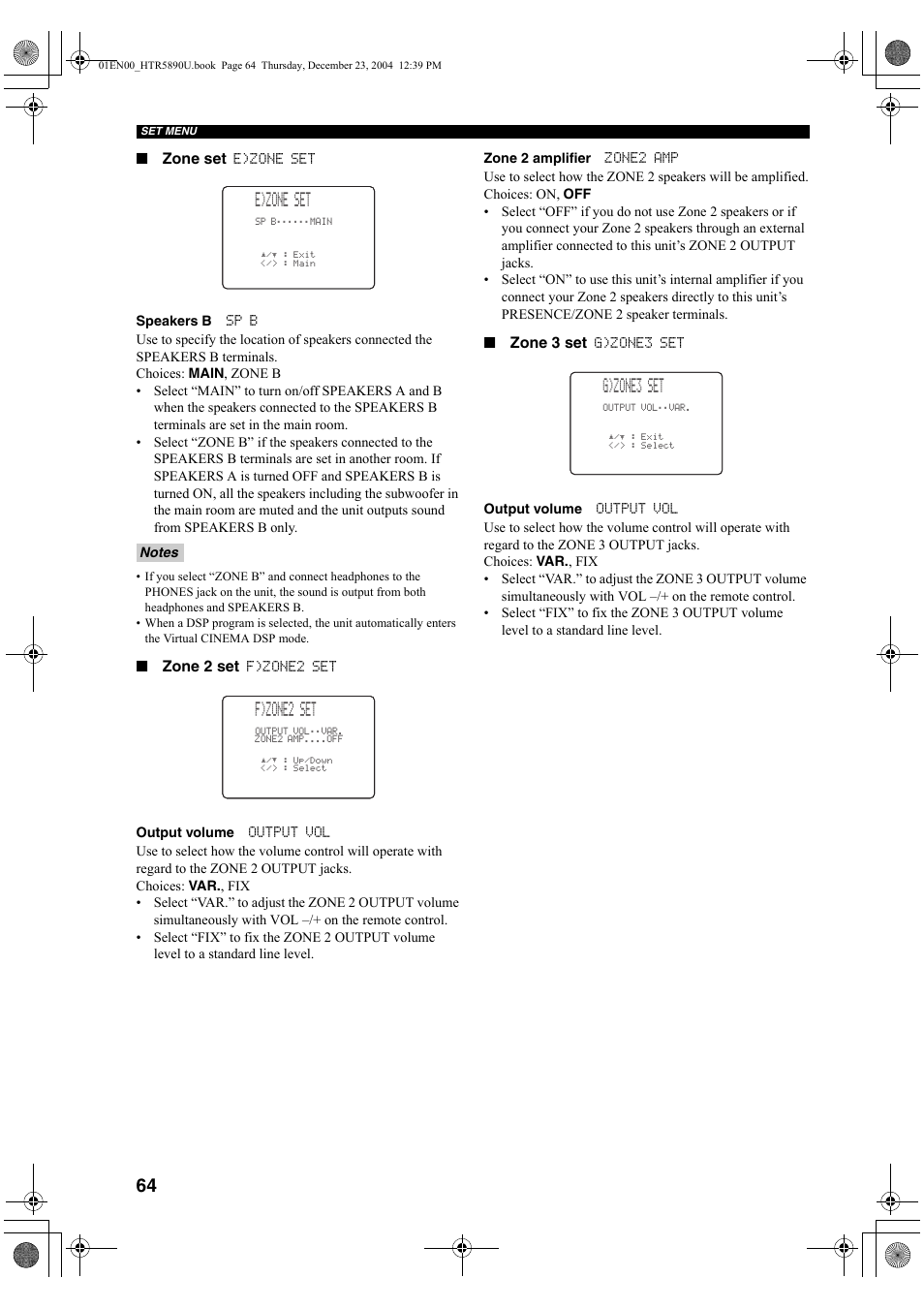 E)zone set, F)zone2 set, G)zone3 set | Yamaha htr-5890 User Manual | Page 68 / 104
