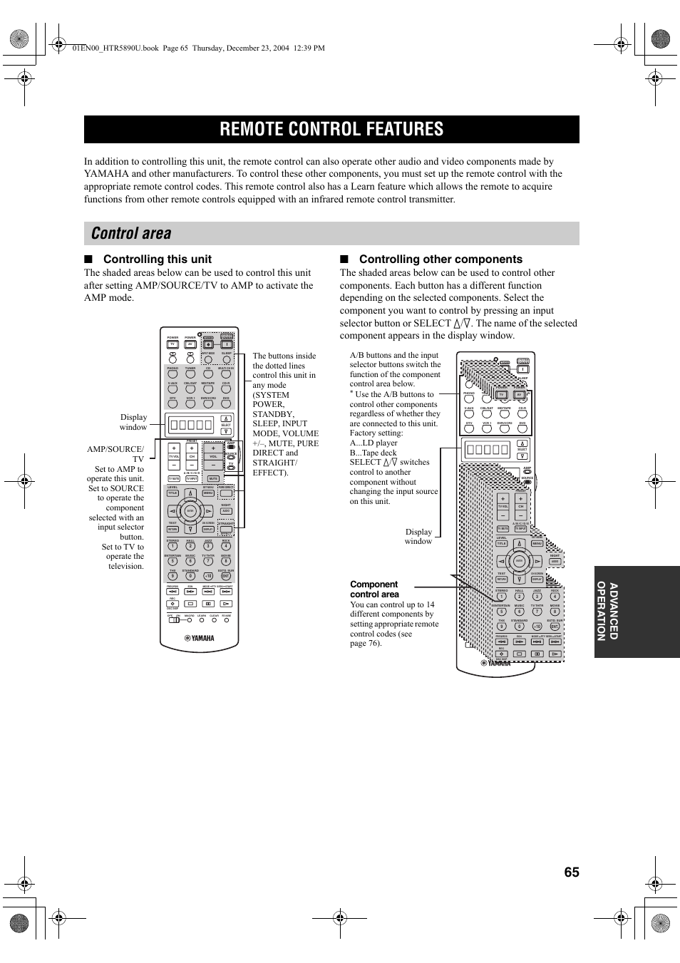 Control area, Controlling this unit, Controlling other components | Remote control features | Yamaha htr-5890 User Manual | Page 69 / 104