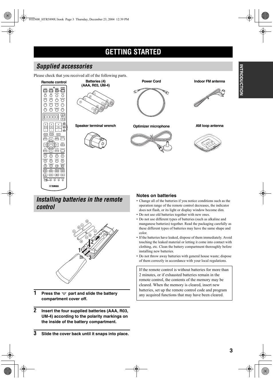 Supplied accessories, Installing batteries in the remote control, Slide the cover back until it snaps into place | Getting started | Yamaha htr-5890 User Manual | Page 7 / 104