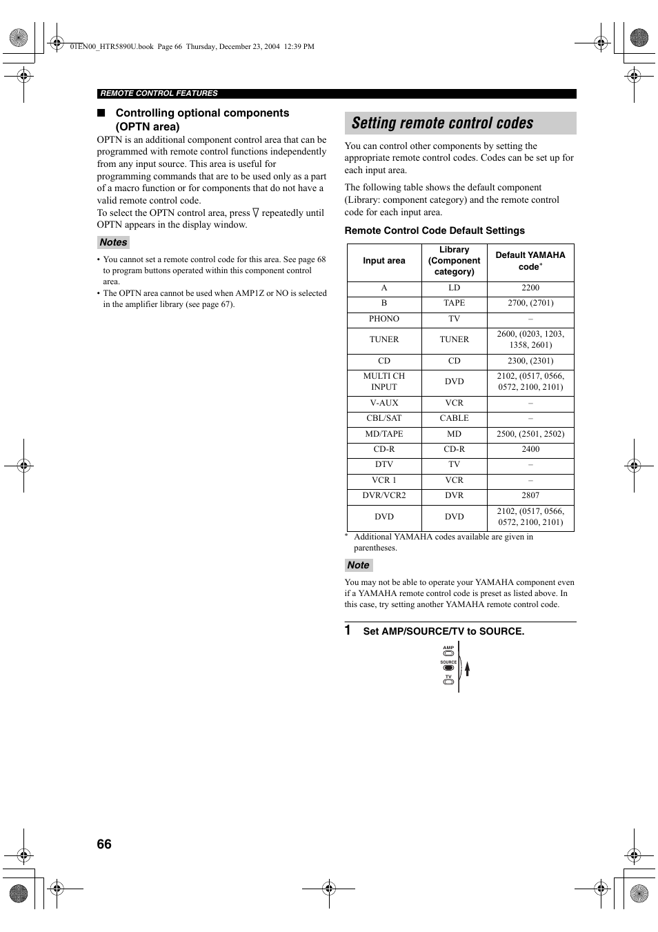 Setting remote control codes, Controlling optional components (optn area) | Yamaha htr-5890 User Manual | Page 70 / 104