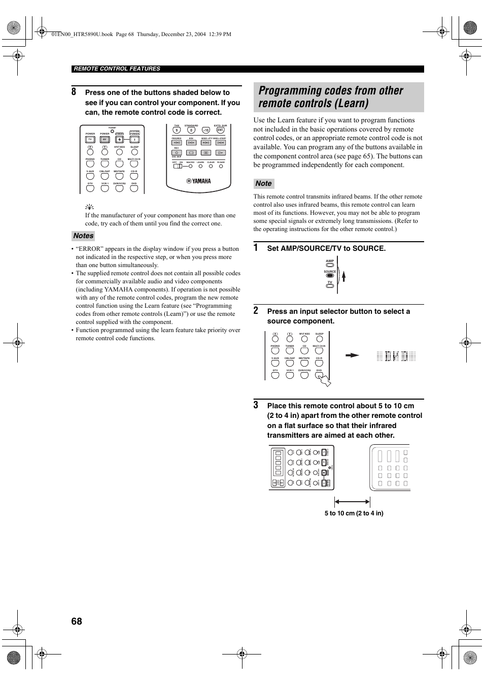 Set amp/source/tv to source, Remote control features | Yamaha htr-5890 User Manual | Page 72 / 104