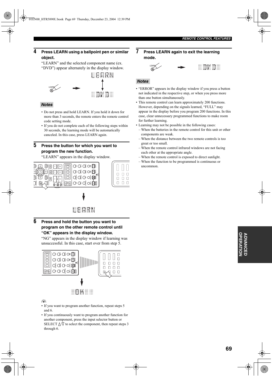 Ad v anced opera t ion, Press learn again to exit the learning mode, Remote control features | Yamaha htr-5890 User Manual | Page 73 / 104