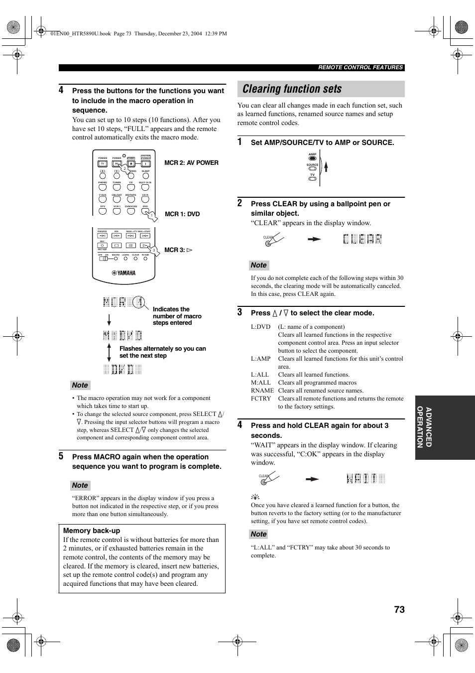 Clearing function sets, Ad v anced opera t ion, Set amp/source/tv to amp or source | Press k / n to select the clear mode | Yamaha htr-5890 User Manual | Page 77 / 104