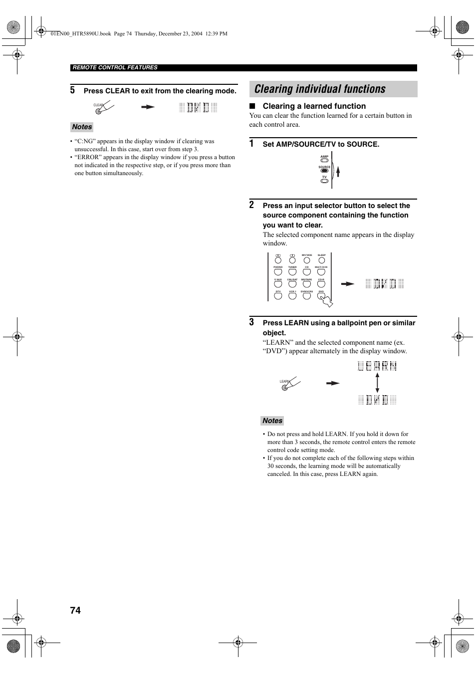 Clearing individual functions, Clearing a learned function, Press clear to exit from the clearing mode | Set amp/source/tv to source | Yamaha htr-5890 User Manual | Page 78 / 104