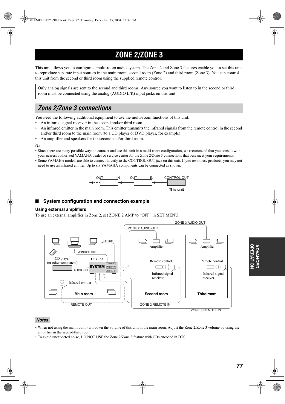 Zone 2/zone 3, Zone 2/zone 3 connections, System configuration and connection example | Yamaha htr-5890 User Manual | Page 81 / 104