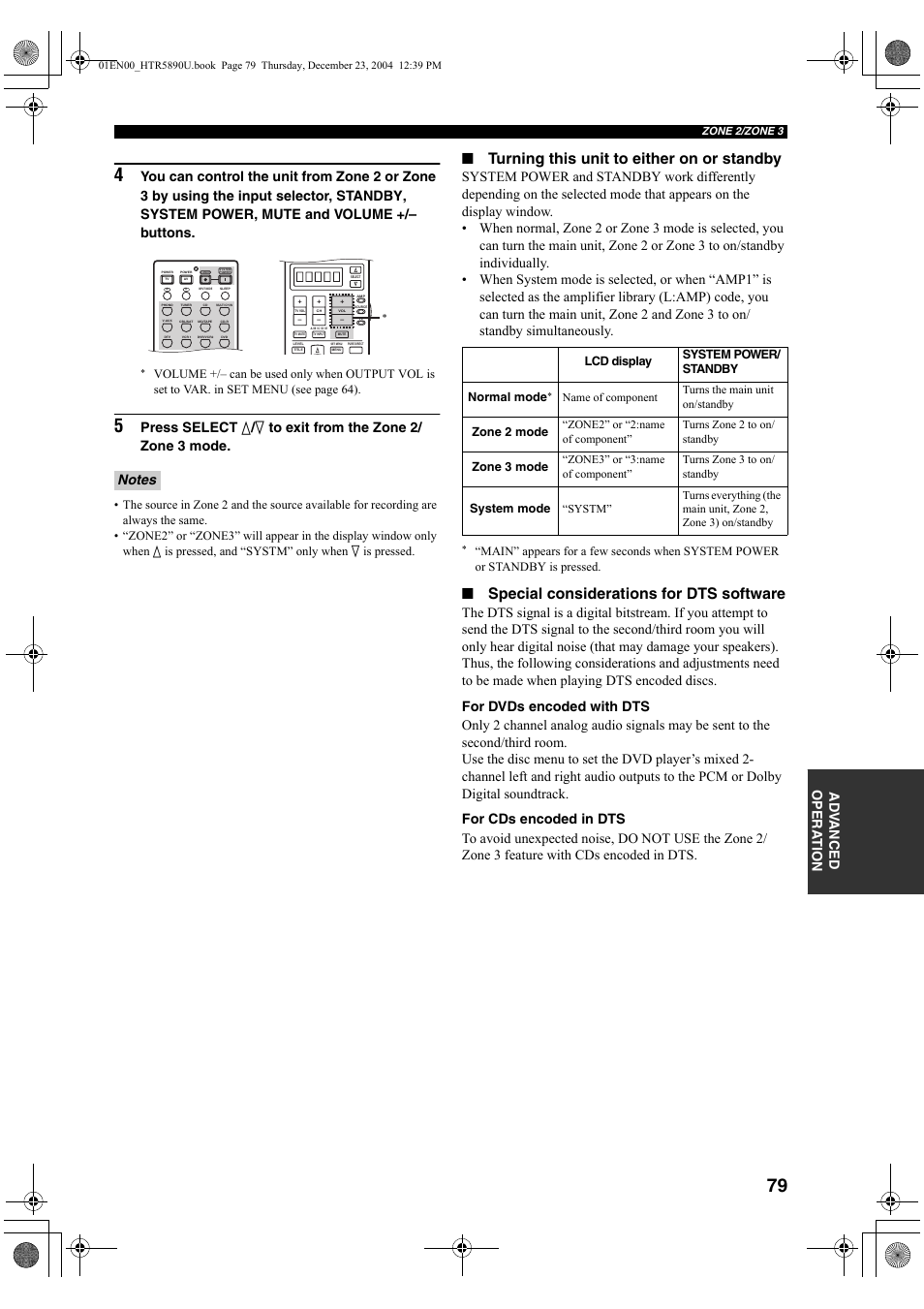 Turning this unit to either on or standby, Special considerations for dts software, Ad v anced opera t ion | Yamaha htr-5890 User Manual | Page 83 / 104