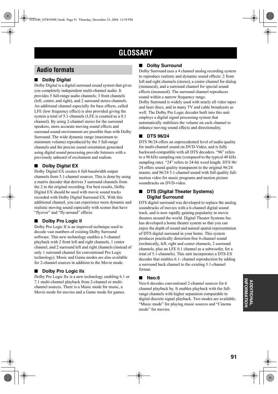 Glossary, Audio formats | Yamaha htr-5890 User Manual | Page 95 / 104