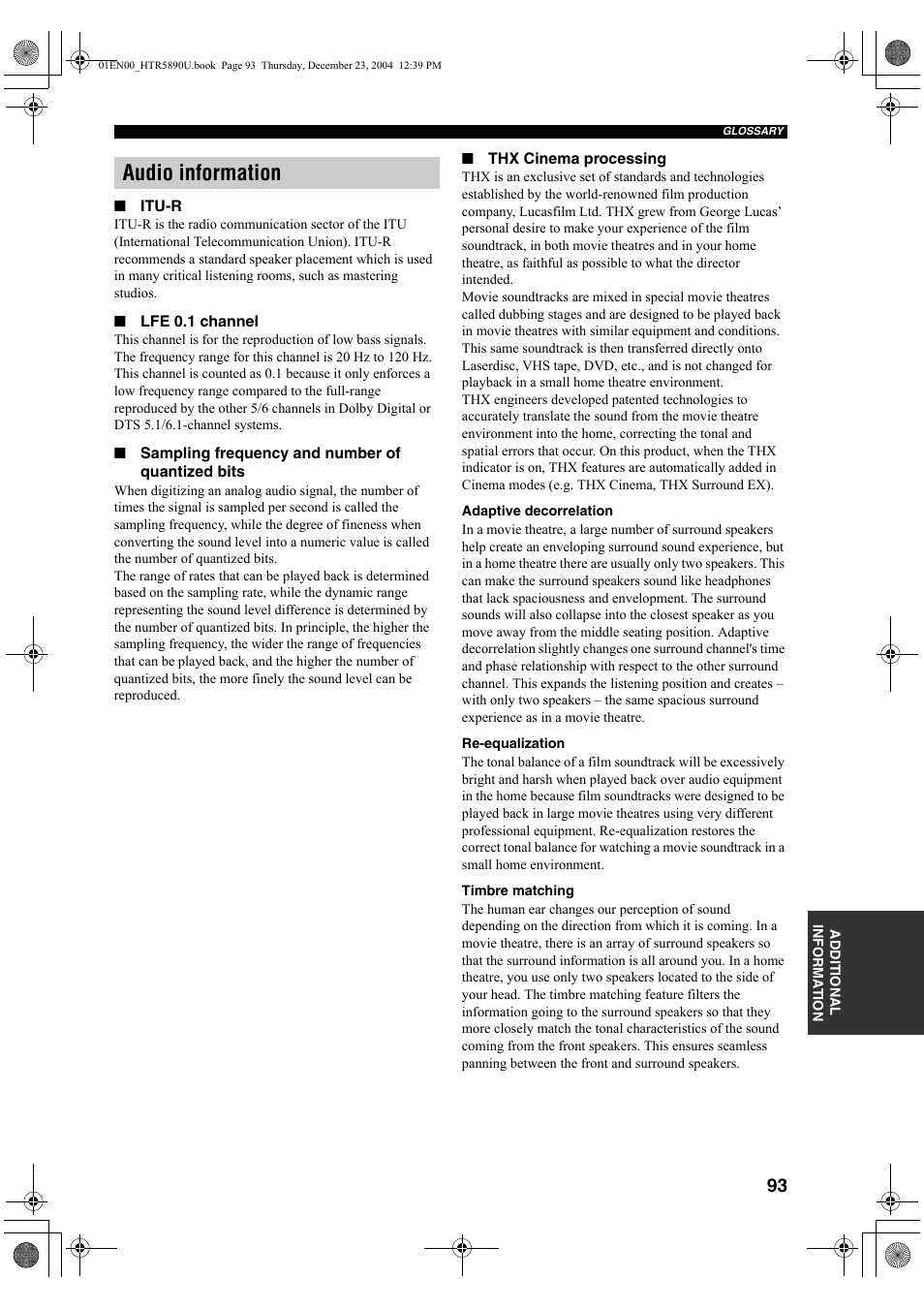 Audio information | Yamaha htr-5890 User Manual | Page 97 / 104