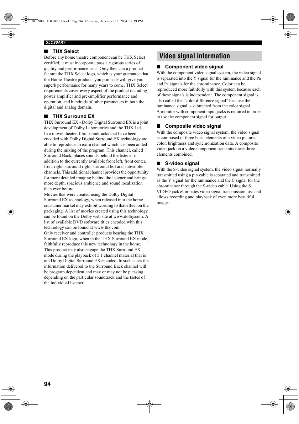 Video signal information | Yamaha htr-5890 User Manual | Page 98 / 104