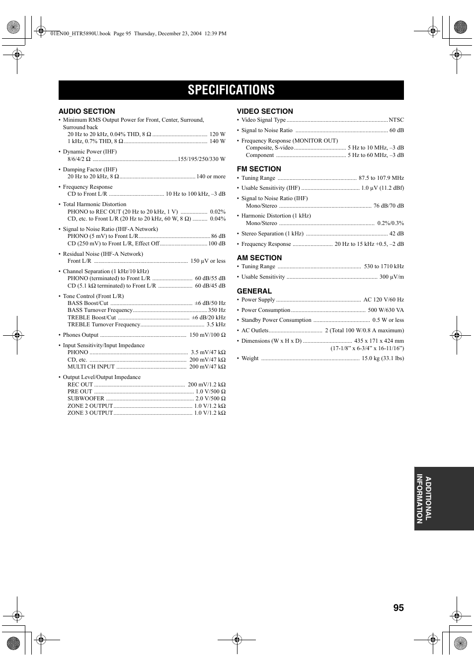 Specifications | Yamaha htr-5890 User Manual | Page 99 / 104