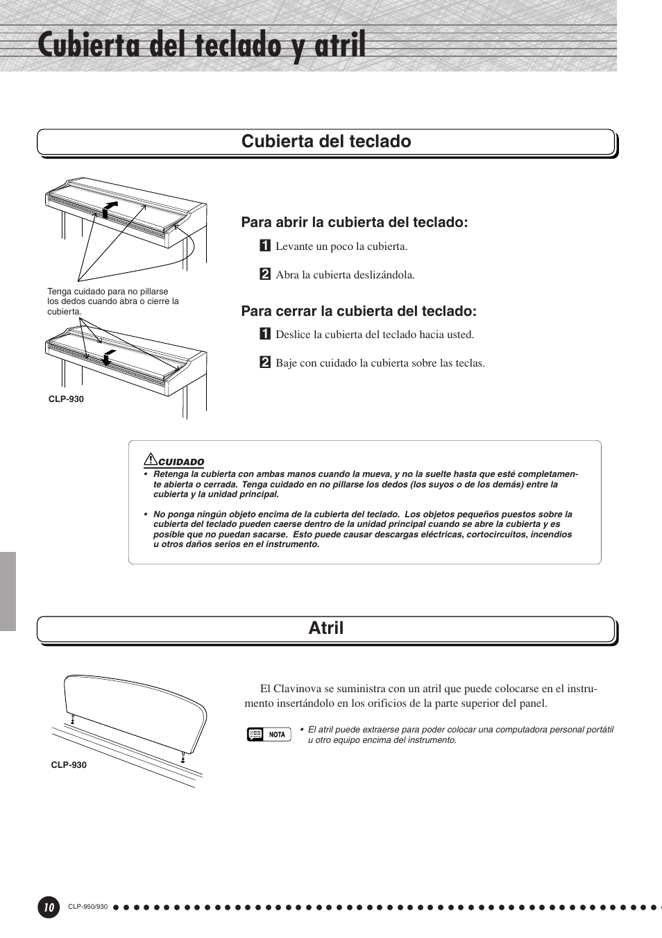 Cubierta del teclado y atril, Cubierta del teclado atril | Yamaha Clavinova CLP-930 User Manual | Page 10 / 66