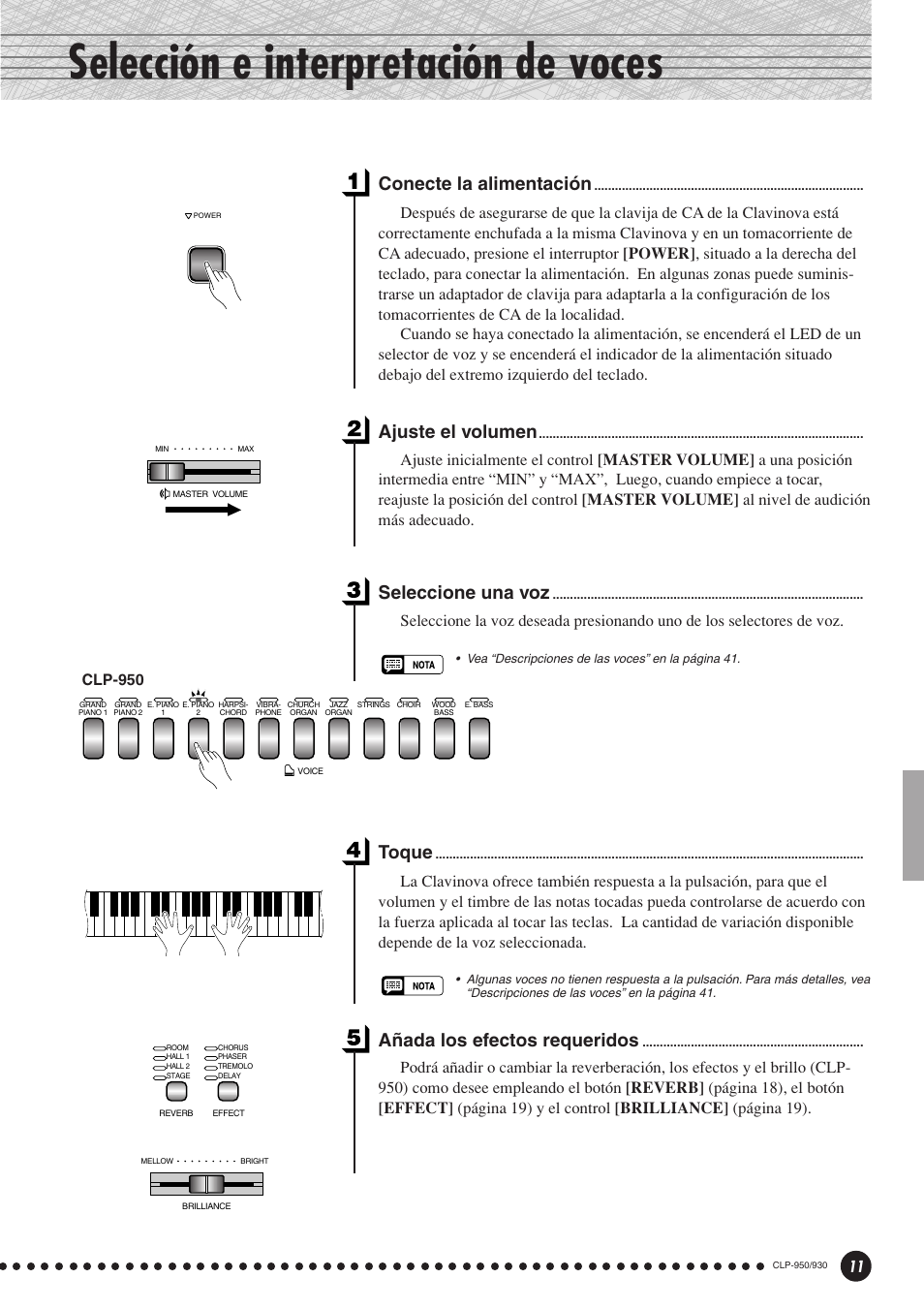 Selección e interpretación de voces, Seleccione una voz, Toque | Añada los efectos requeridos, Ajuste el volumen, Conecte la alimentación, Clp-950 | Yamaha Clavinova CLP-930 User Manual | Page 11 / 66