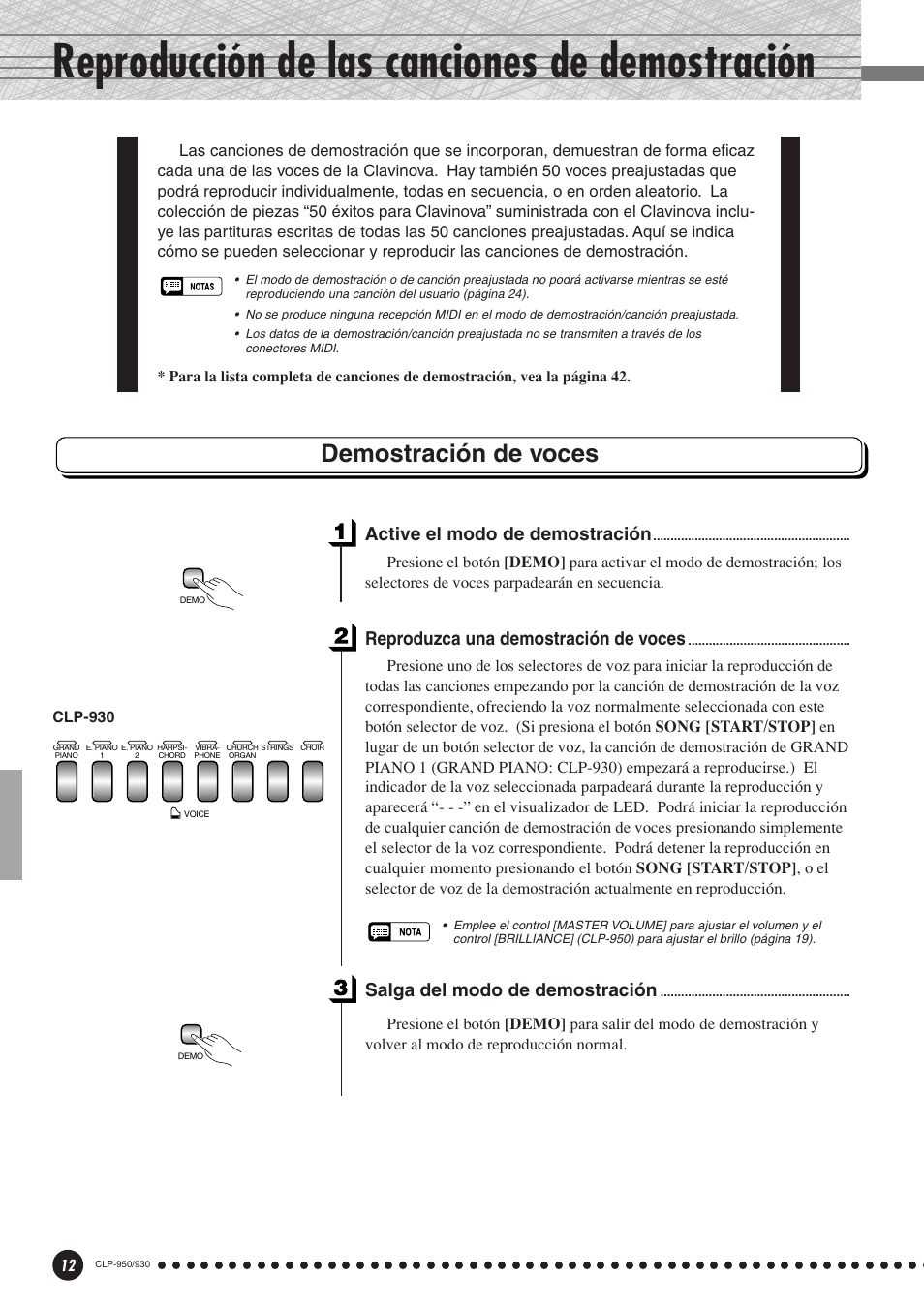Reproducción de las canciones de demostración, Demostración de voces, Active el modo de demostración | Reproduzca una demostración de voces, Salga del modo de demostración | Yamaha Clavinova CLP-930 User Manual | Page 12 / 66