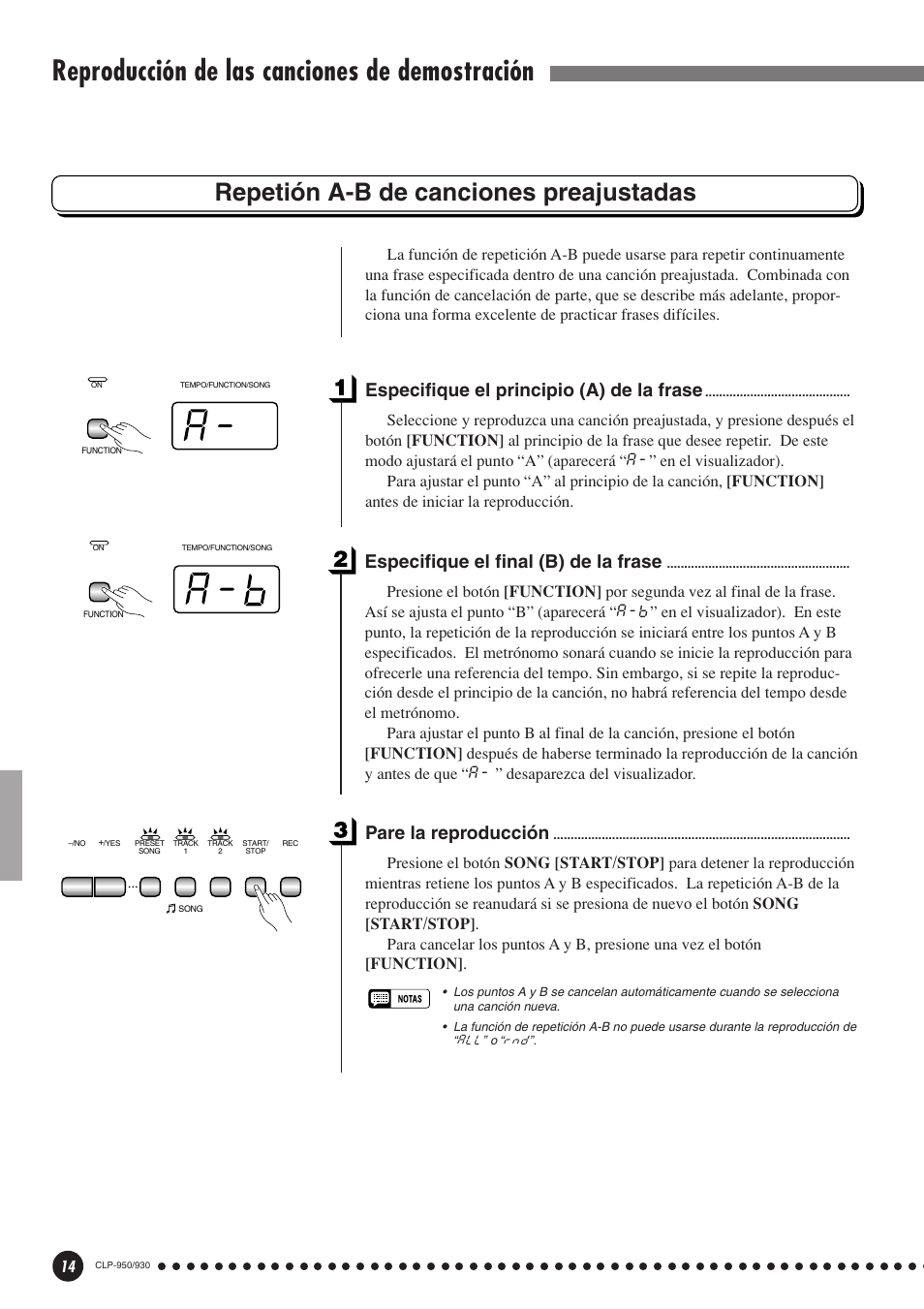 Repetión a-b de canciones preajustadas, Reproducción de las canciones de demostración, Especifique el principio (a) de la frase | Especifique el final (b) de la frase, Pare la reproducción | Yamaha Clavinova CLP-930 User Manual | Page 14 / 66