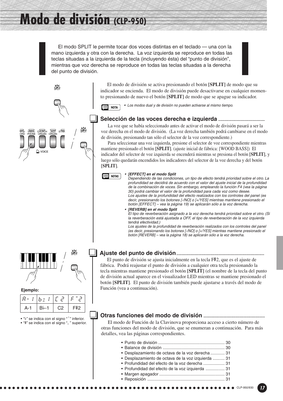 Modo de división, Clp-950), Selección de las voces derecha e izquierda | Ajuste del punto de división, Otras funciones del modo de división, A-1 b=1 c 2 f~2 | Yamaha Clavinova CLP-930 User Manual | Page 17 / 66