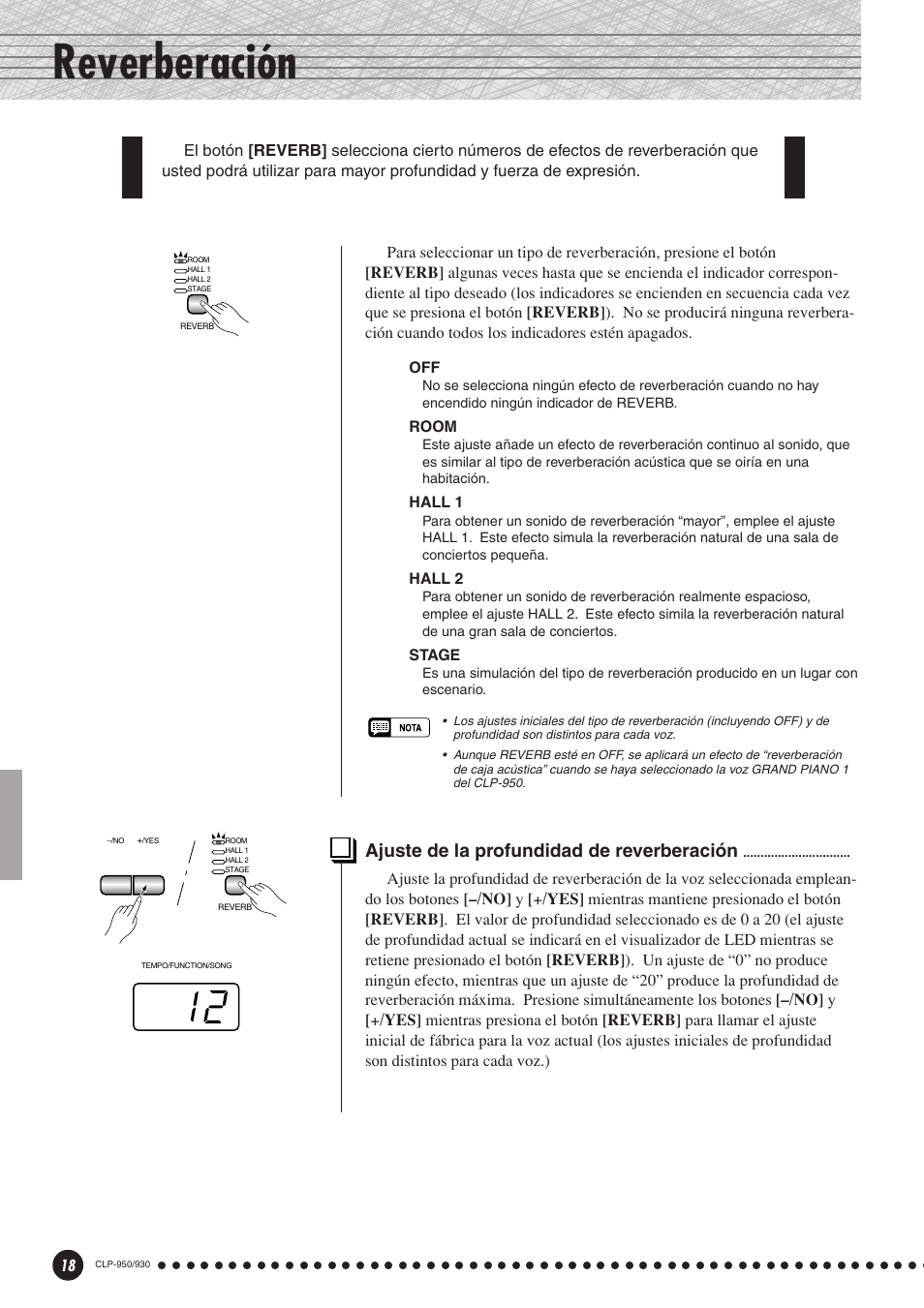 Reverberación, Ajuste de la profundidad de reverberación | Yamaha Clavinova CLP-930 User Manual | Page 18 / 66