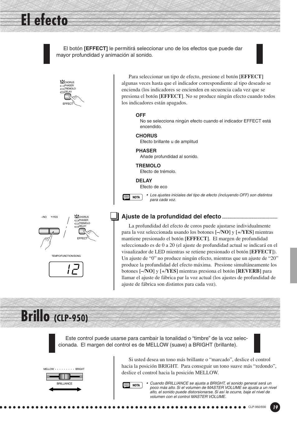 El efecto, Ajuste de la profundidad del efecto, Brillo | Clp-950) | Yamaha Clavinova CLP-930 User Manual | Page 19 / 66