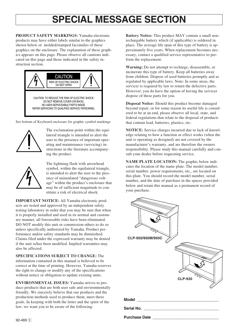 Caution | Yamaha Clavinova CLP-930 User Manual | Page 2 / 66