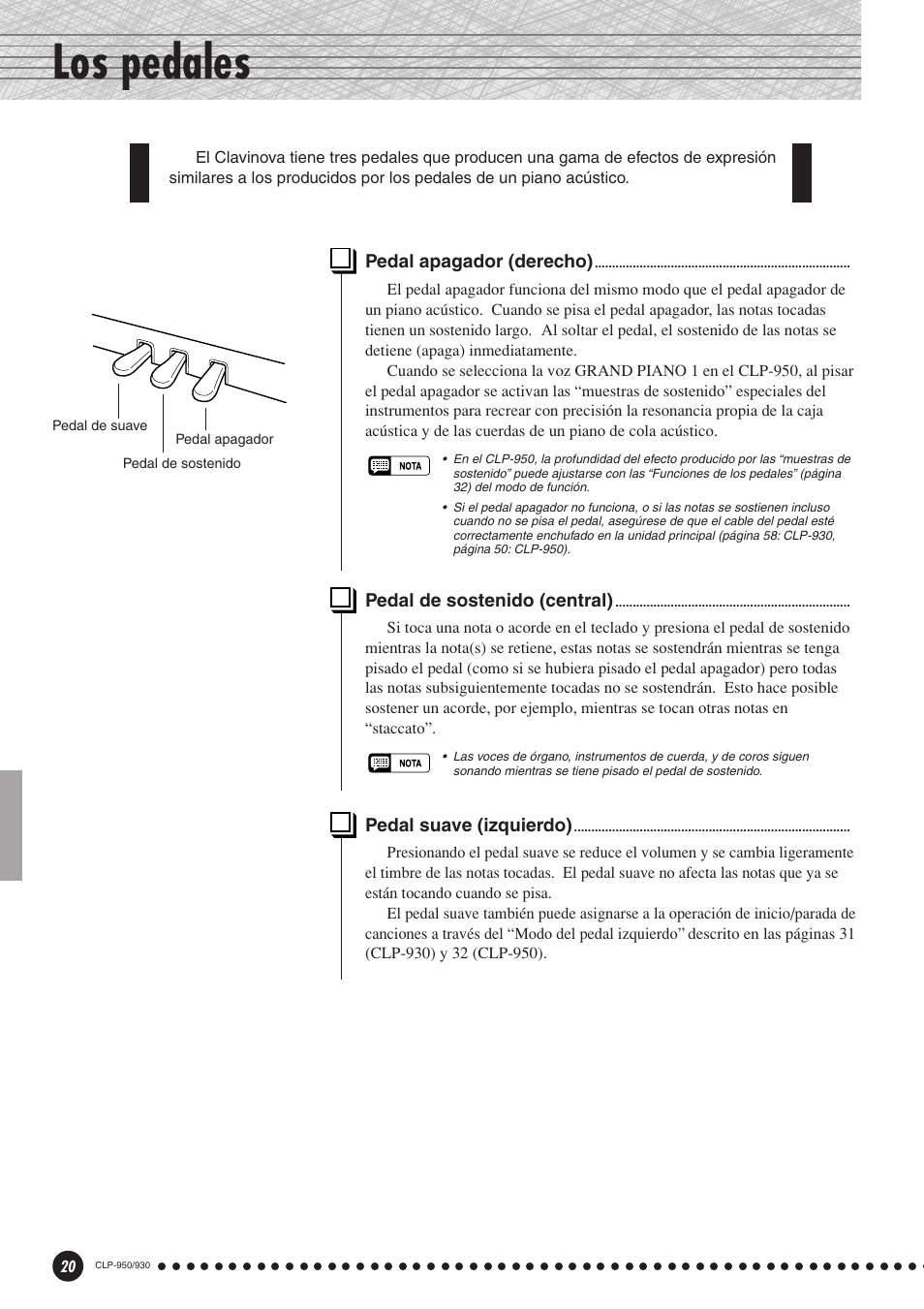 Los pedales, Pedal apagador (derecho), Pedal de sostenido (central) | Pedal suave (izquierdo) | Yamaha Clavinova CLP-930 User Manual | Page 20 / 66