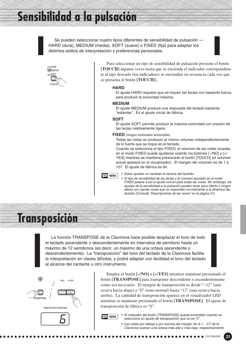 Sensibilidad a la pulsación, Transposición | Yamaha Clavinova CLP-930 User Manual | Page 21 / 66