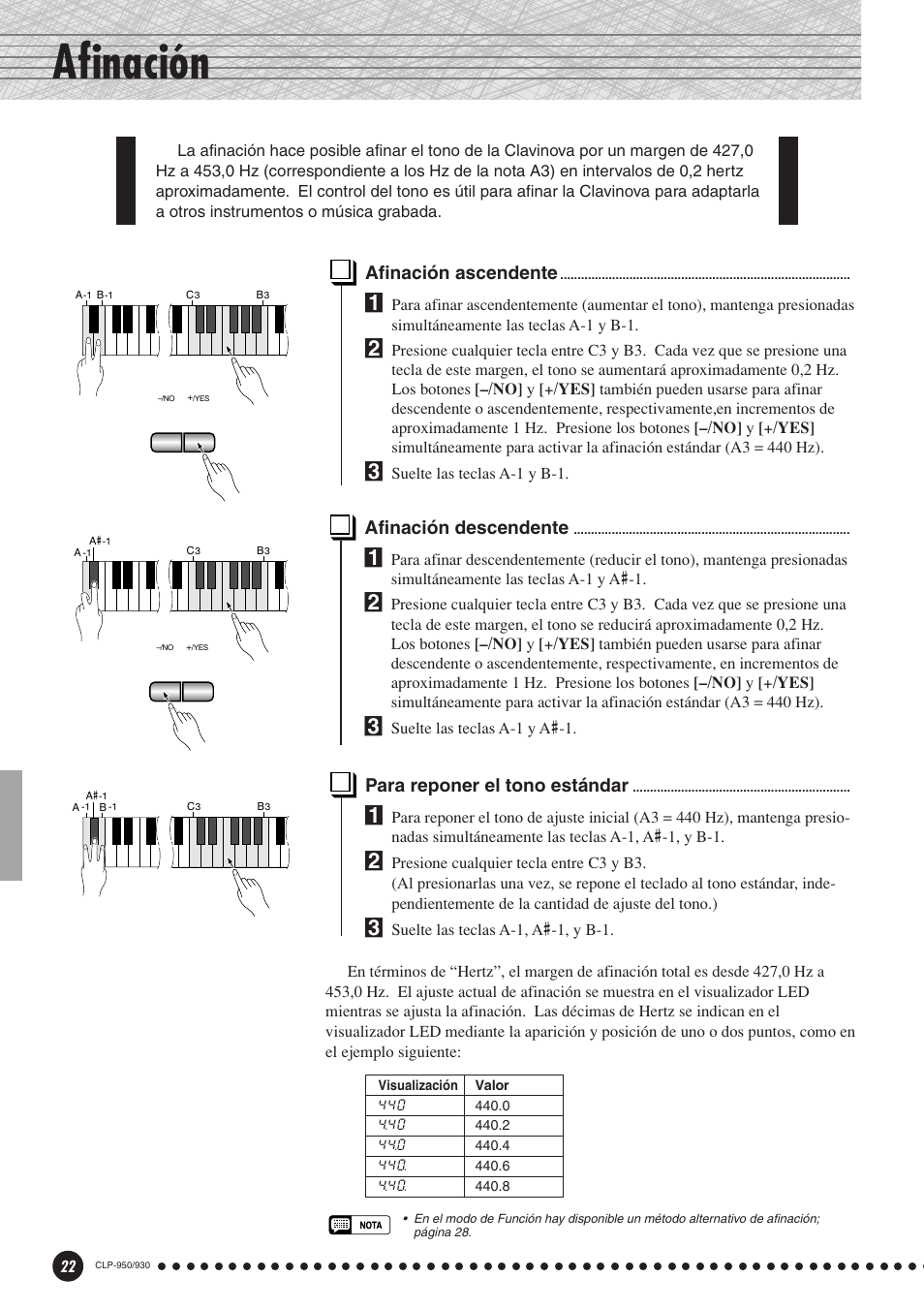 Afinación, Afinación ascendente, Afinación descendente | Para reponer el tono estándar | Yamaha Clavinova CLP-930 User Manual | Page 22 / 66