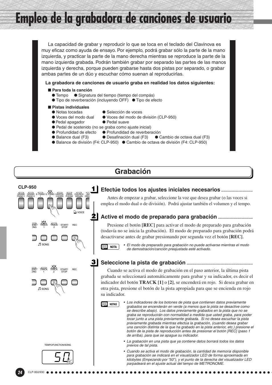 Empleo de la grabadora de canciones de usuario, Grabación, Seleccione la pista de grabación | Efectúe todos los ajustes iniciales necesarios, Active el modo de preparado para grabación, Clp-950 | Yamaha Clavinova CLP-930 User Manual | Page 24 / 66