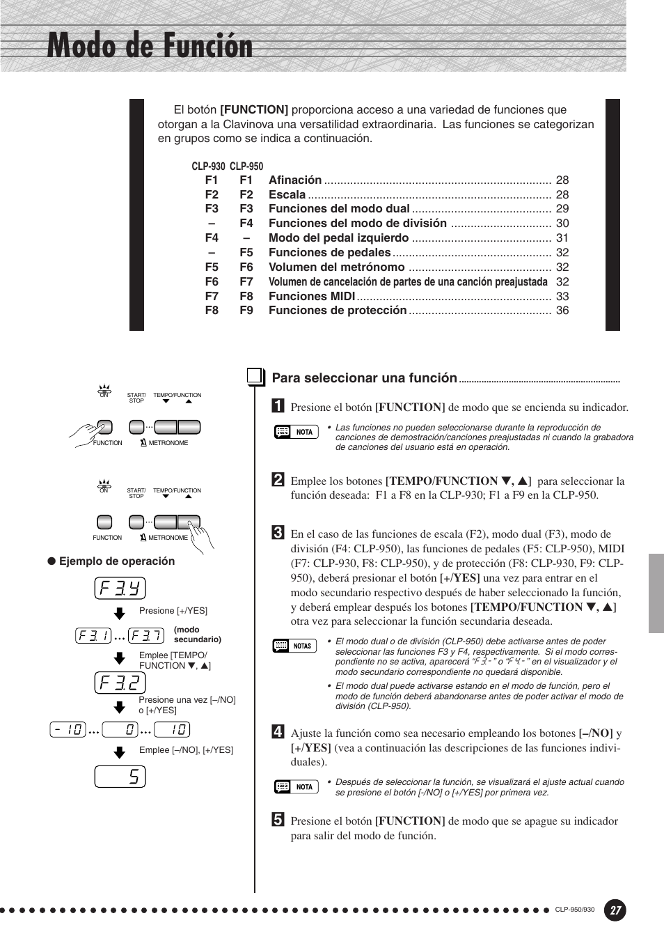 Modo de función, Para seleccionar una función | Yamaha Clavinova CLP-930 User Manual | Page 27 / 66
