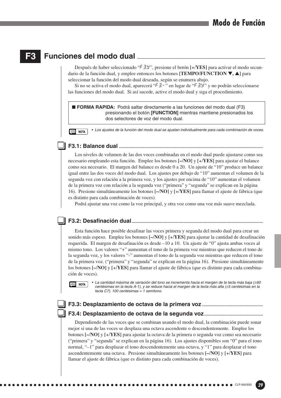 F3: funciones del modo dual, Modo de función, Funciones del modo dual | Yamaha Clavinova CLP-930 User Manual | Page 29 / 66