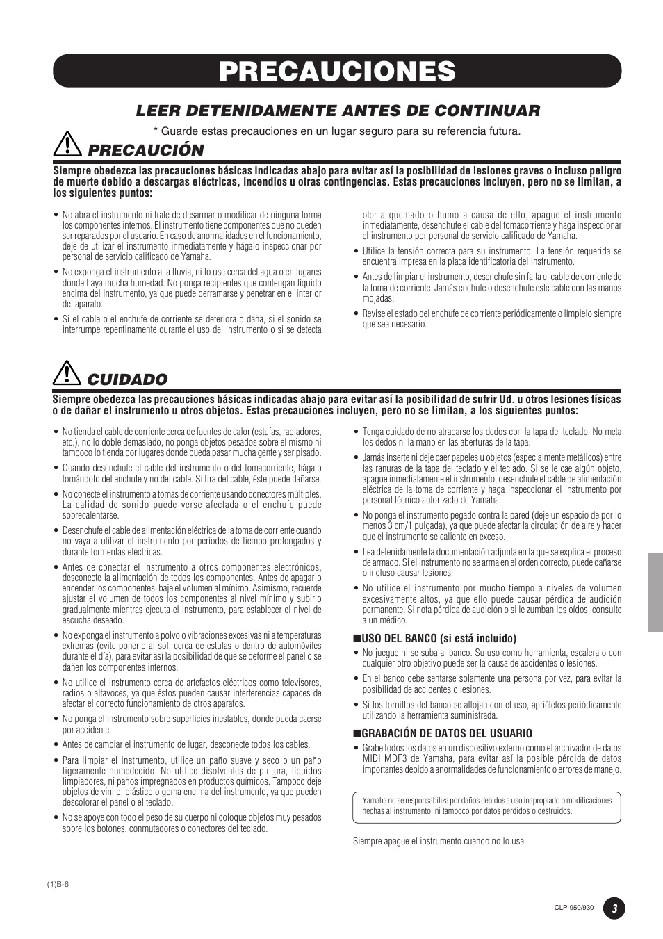 Precauciones, Leer detenidamente antes de continuar, Precaución | Cuidado | Yamaha Clavinova CLP-930 User Manual | Page 3 / 66